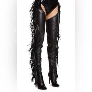 AZALEA WANG PATRICE Thigh High Chaps Black Boots Belt Faux Leather - Stretch New
